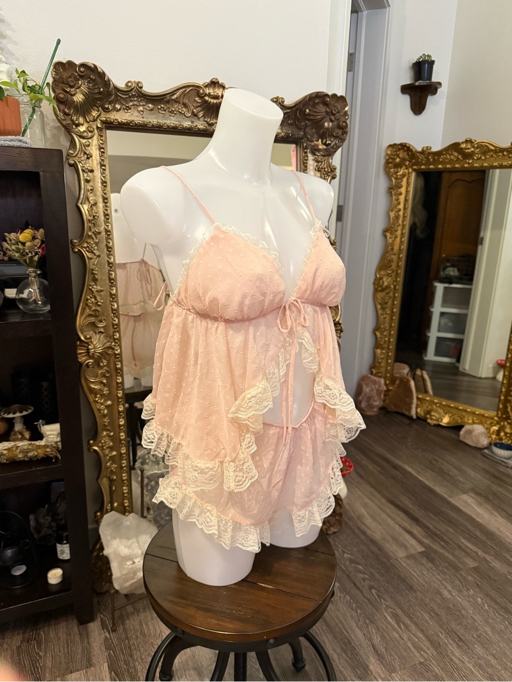 Sheer Pink Lace Ruffled Babydoll sleep set